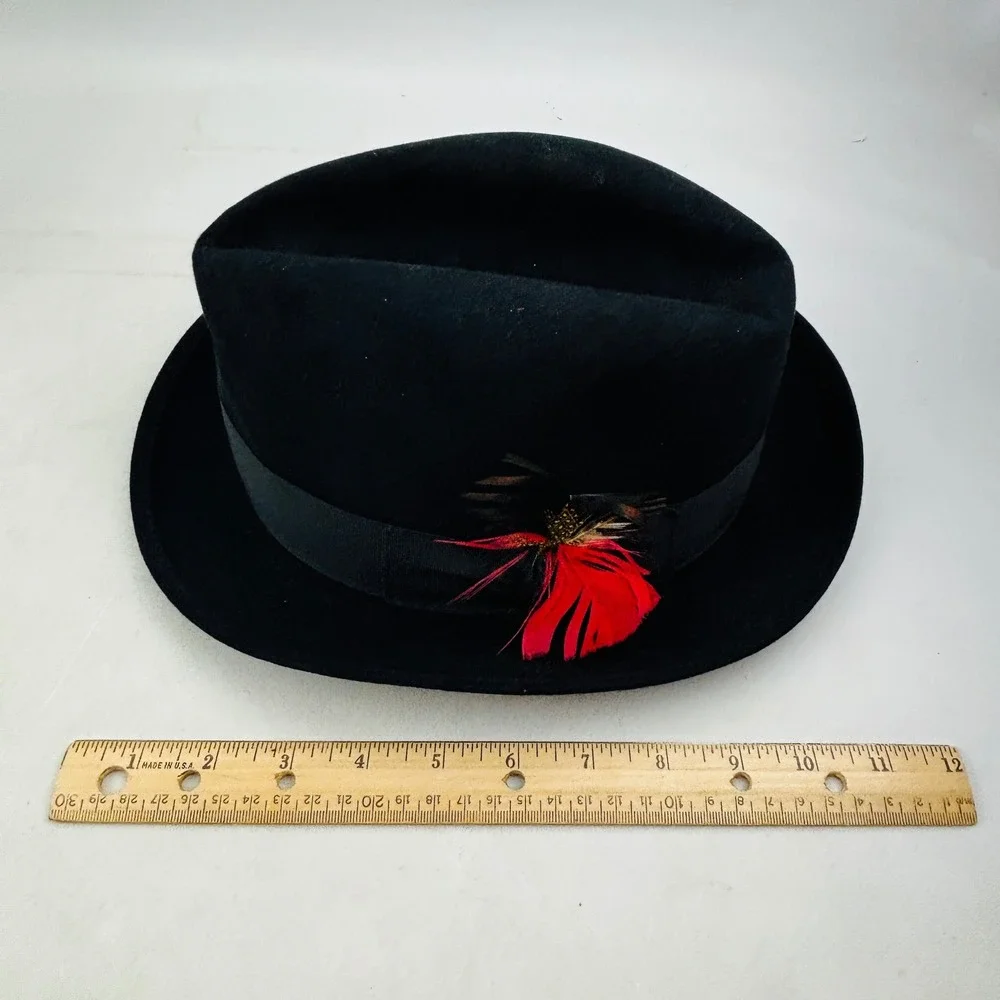 Vintage Royal Stetson Feather Fedora Hat Mens Size 7 1/2 Black Felt